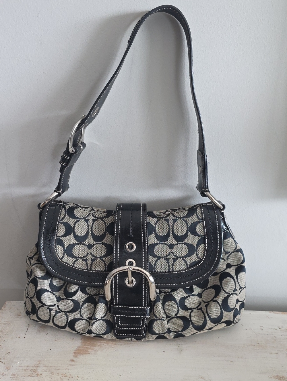 Coach Vintage Soho Black Signature Canvas Buckle Shoulder Bag